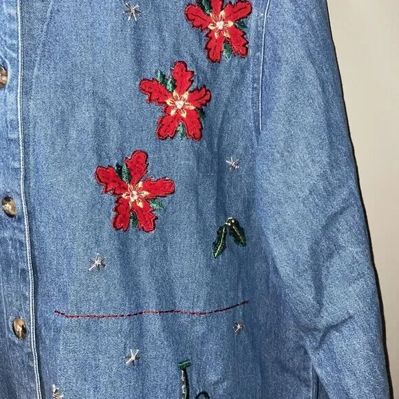 Victoria Jones Vintage Christmas Jean Button Top Blue Denim Embroidered Size Med - Picture 4 of 12